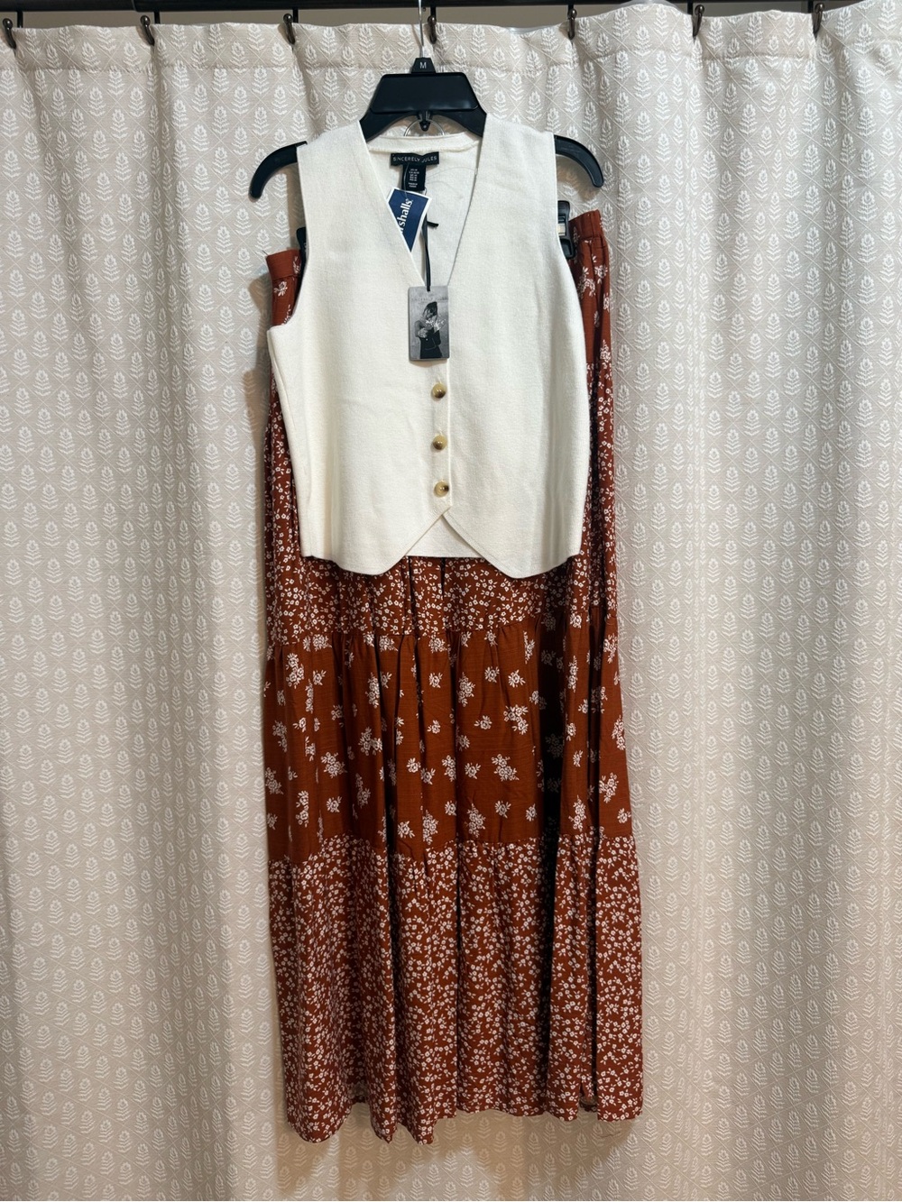 Cream Button-Front Vest with Rust Floral Maxi Dress